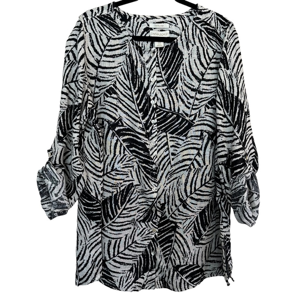 Cynthia Rowley 1X Linen Palm Print Roll Tab Sleeves Mother of Pearl Buttons Top